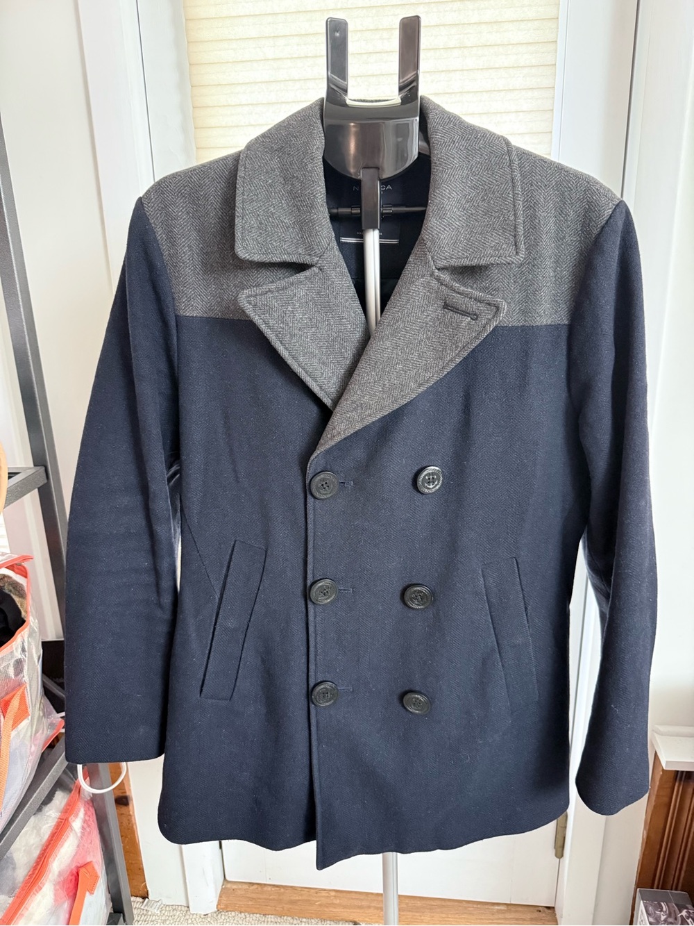 Nautica color-block wool blend double-breasted Navy & gray peacoat Maritime Prep
